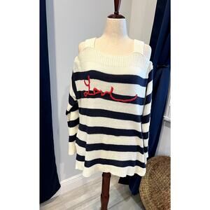 BOSTON PROPER Striped Sweater LOVE Blue and White Nautical Maritime Boat Casual